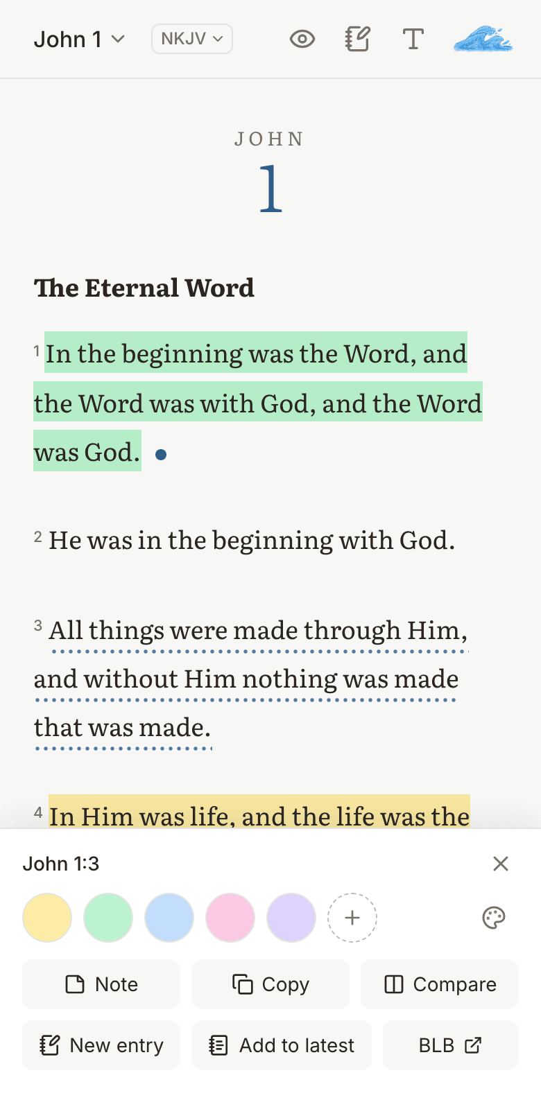 Choosing a highlighter colour for John 1:3 on a phone
